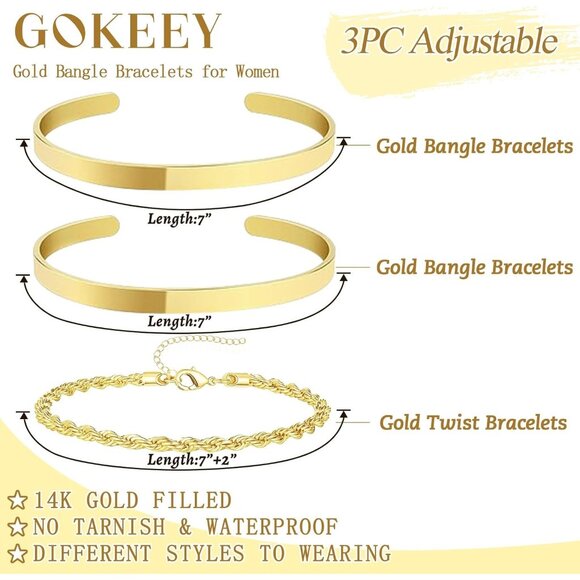 Women's Non Tarnish Dainty 14K Gold Plated Bangle Cuff Bracelets Stack Jewelry - Picture 5 of 9